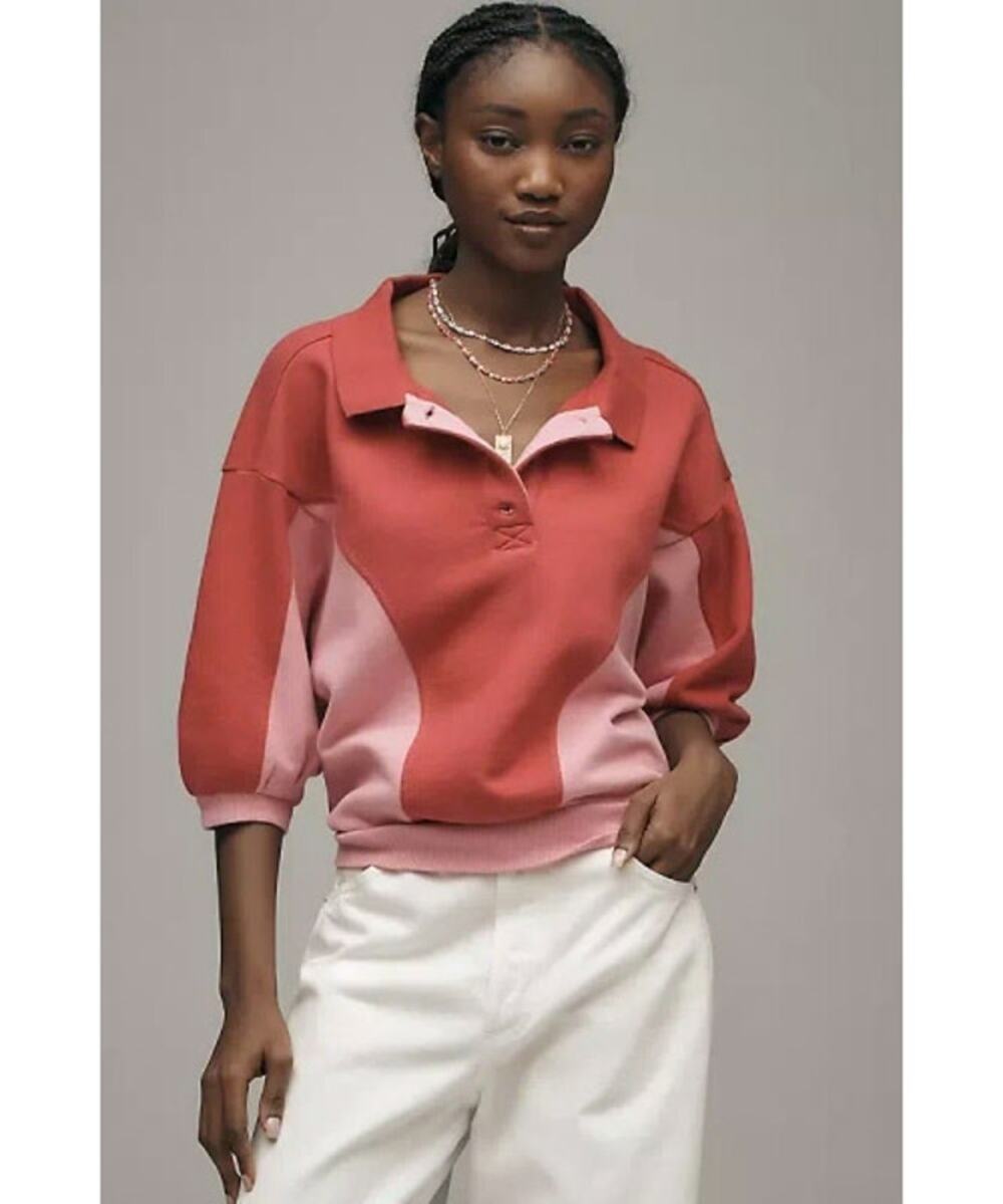 NWT ANTHROPOLOGIE The Niki Bubble Sweatshirt by Pilcro: Colorblock Pink Large L